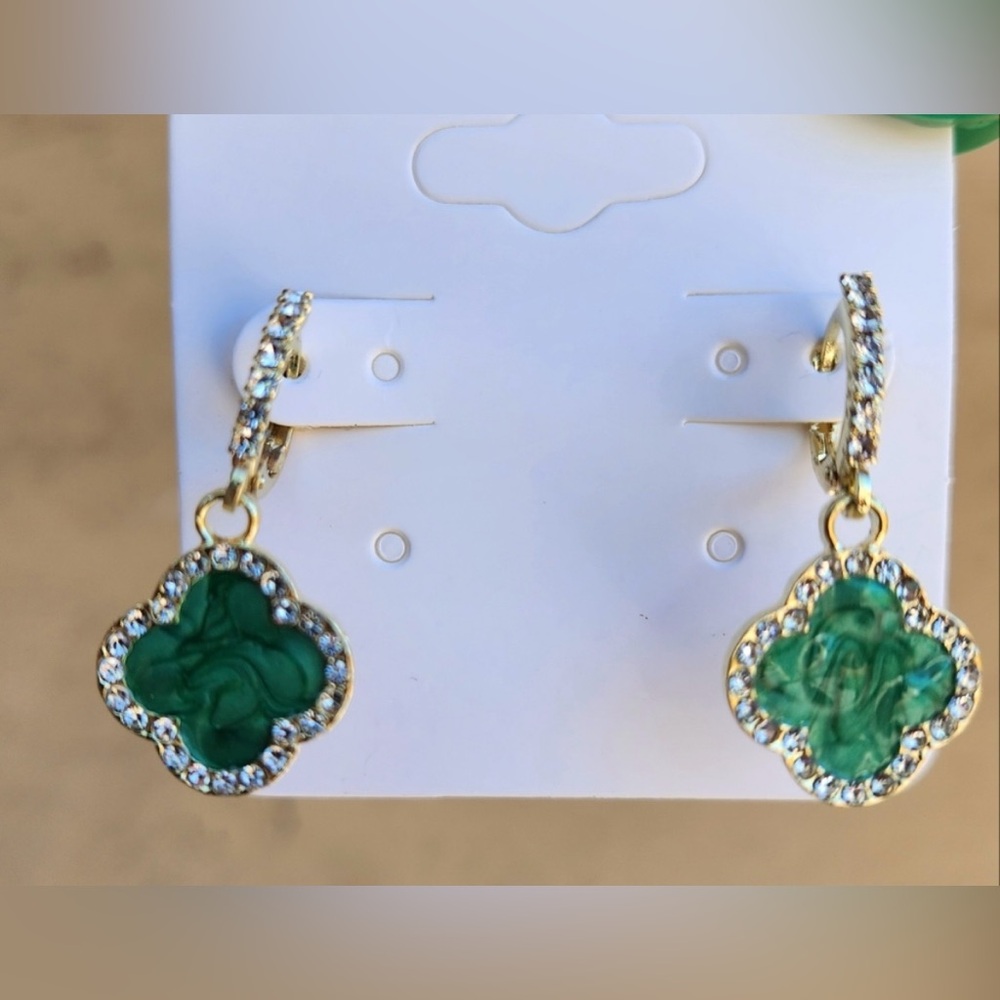 Jade Gold Coated Clover Drop Earrings - Picture 5 of 5